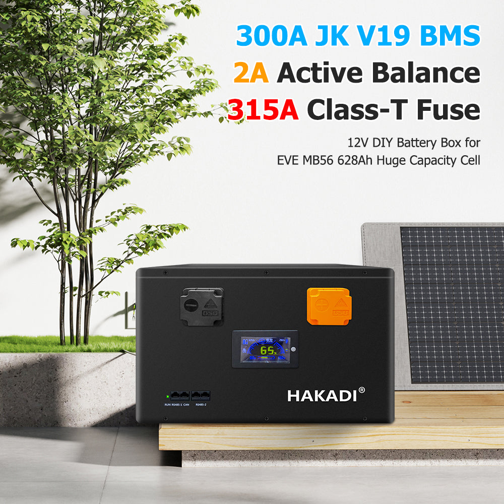 HAKADI 12V DIY battery box lifestyle scene with callouts for JK 300A BMS, 2A active balance, 315A fuse
