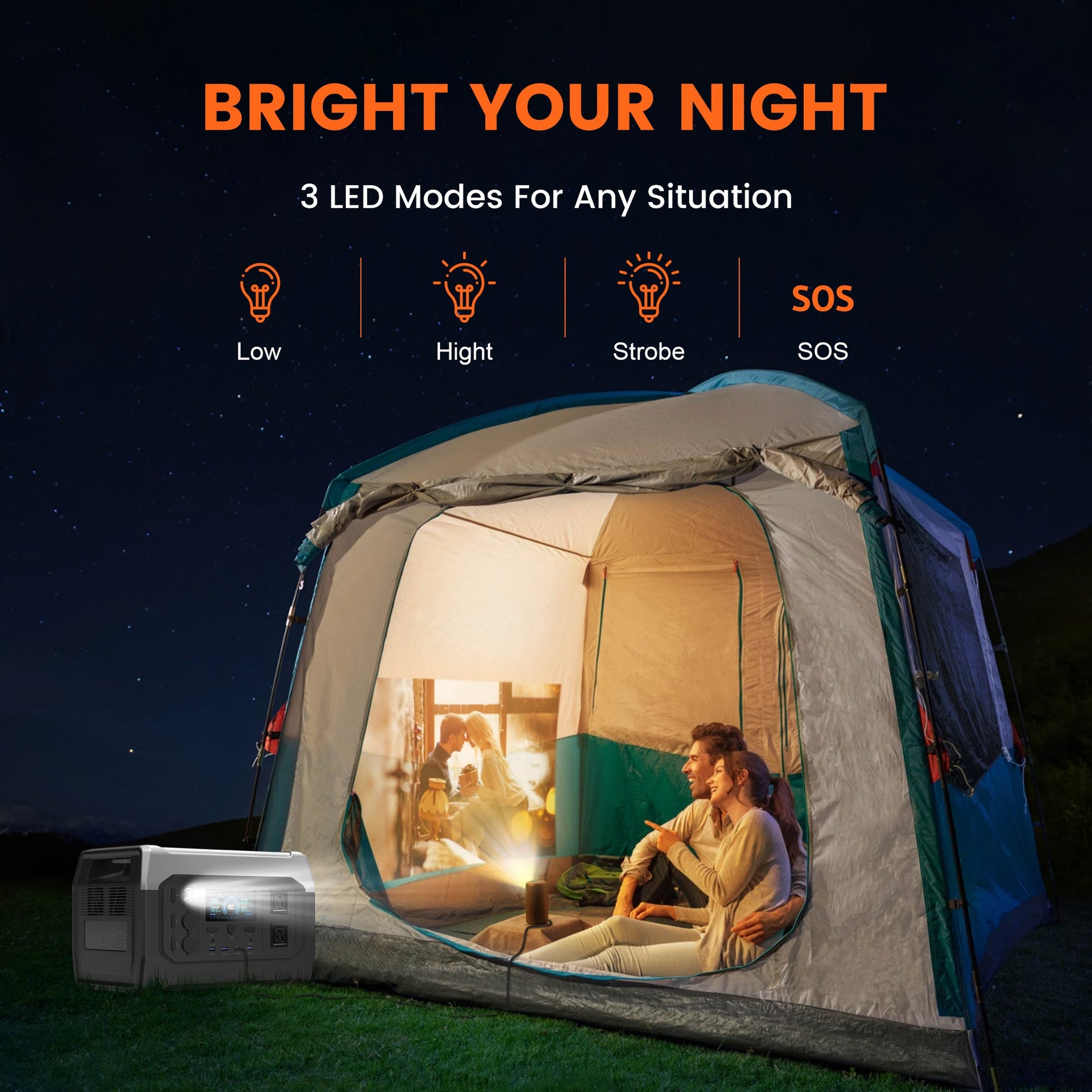 CTOLITY XPower 1000 (XP1000), Portable power station with 3 LED modes (low, high, strobe, SOS) for lighting tents at night.