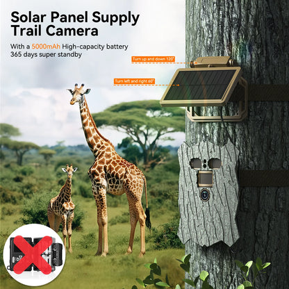 This solar panel supply trail camera has a 5000mAh battery, long standby time, adjustable direction, and 60° field of view.