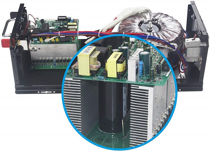 Ampinvt FT/TG Series inverter internal components with toroidal transformer, control board, and heatsink module