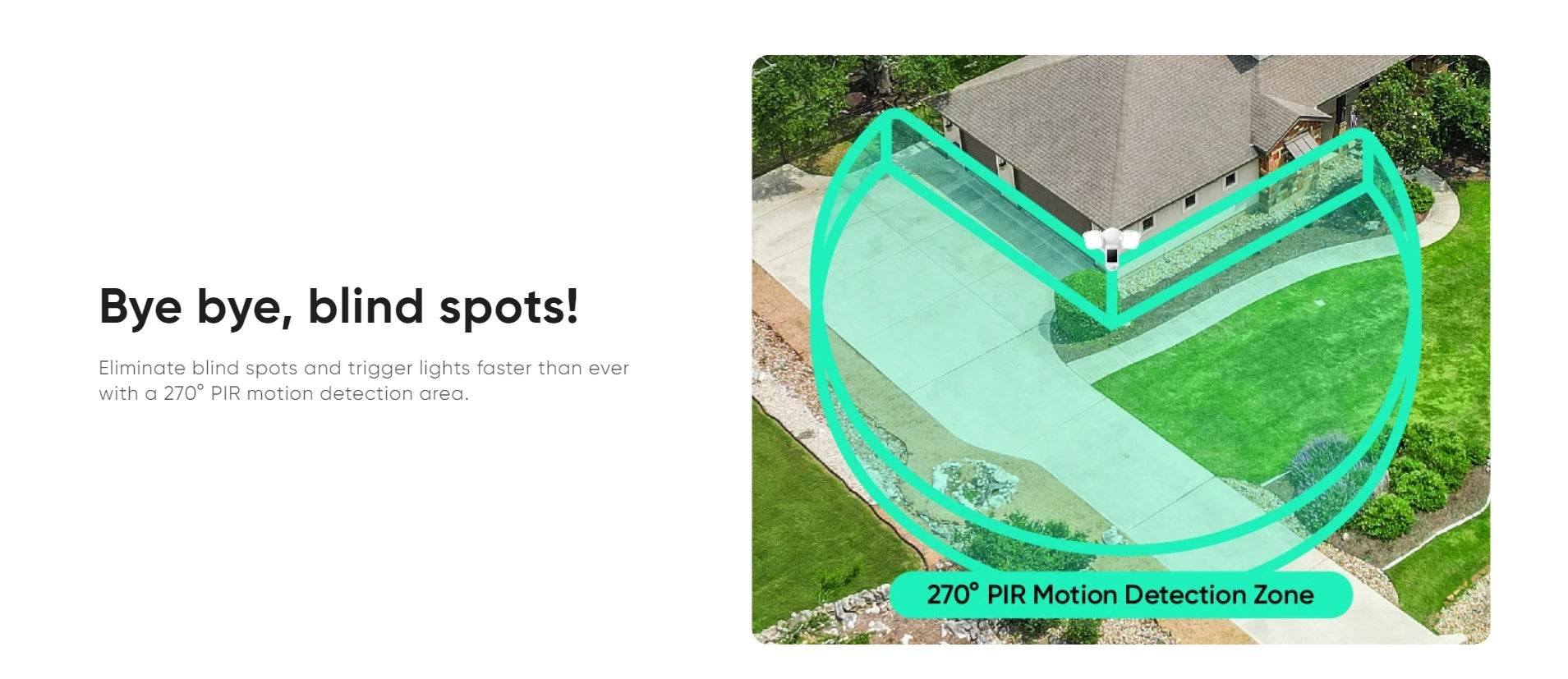 Wyze Cam Floodlight v2, Camera with 270° motion detection triggers floodlights, eliminating blind spots.