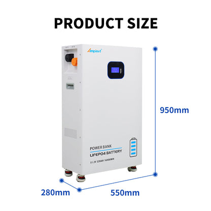 Product size diagram showing 950mm height, 550mm width and 280mm depth for the power wall battery