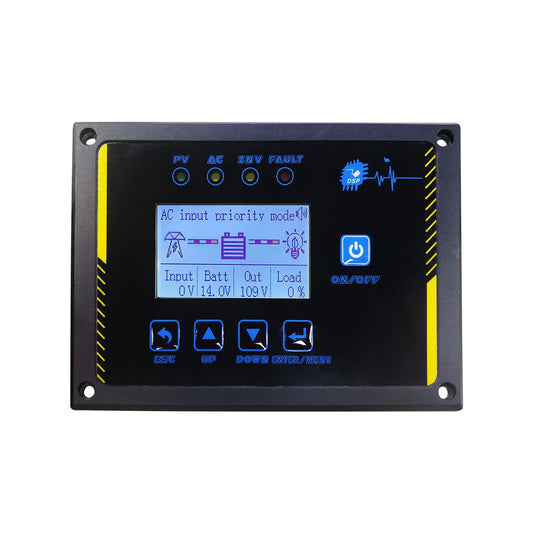 Remote control panel for inverter with HD LCD screen, status LEDs and navigation buttons, front view