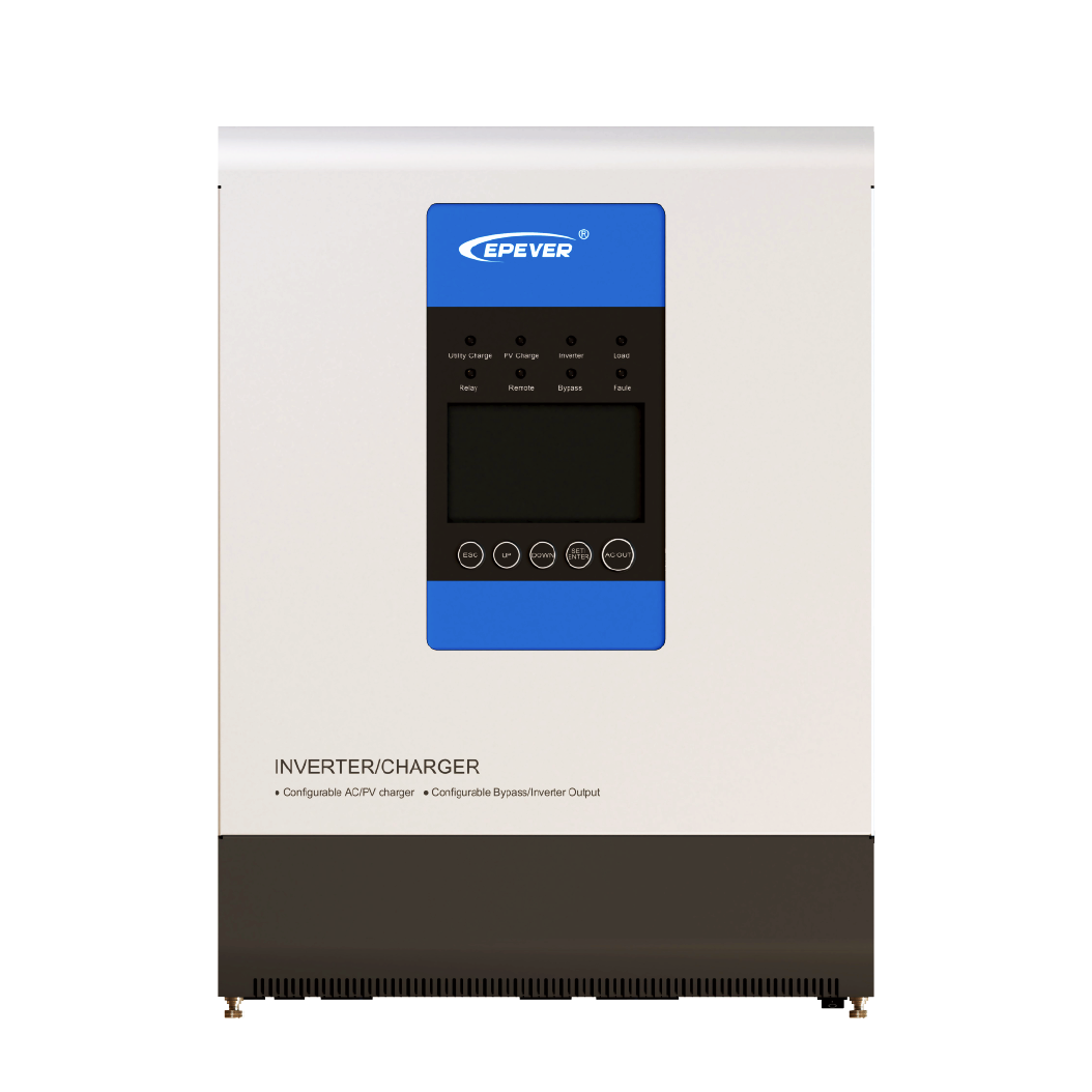 Epever UPower 5000W MPPT Inverter, EPEVER UPower inverter/charger with front LCD screen, status LEDs, and control buttons on white housing