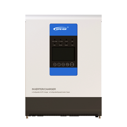 Epever UPower 5000W MPPT Inverter, EPEVER UPower inverter/charger with front LCD screen, status LEDs, and control buttons on white housing