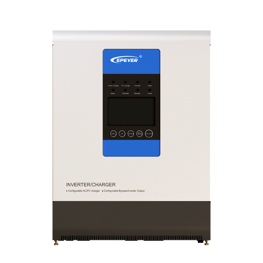 Epever UPower 5000W MPPT Inverter, EPEVER UPower inverter/charger with front LCD screen, status LEDs, and control buttons on white housing