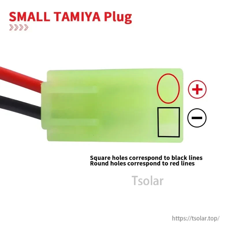 7.4V 1200mAh 25C 703048 Lipo Battery, Small Tamiya plug with red and black wires; square hole for black wire, round hole for red wire.