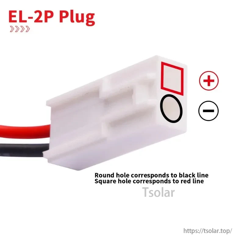 7.4V 1200mAh 25C 703048 Lipo Battery, EL-2P plug has red and black wires: black wire fits round hole, red wire fits square hole.