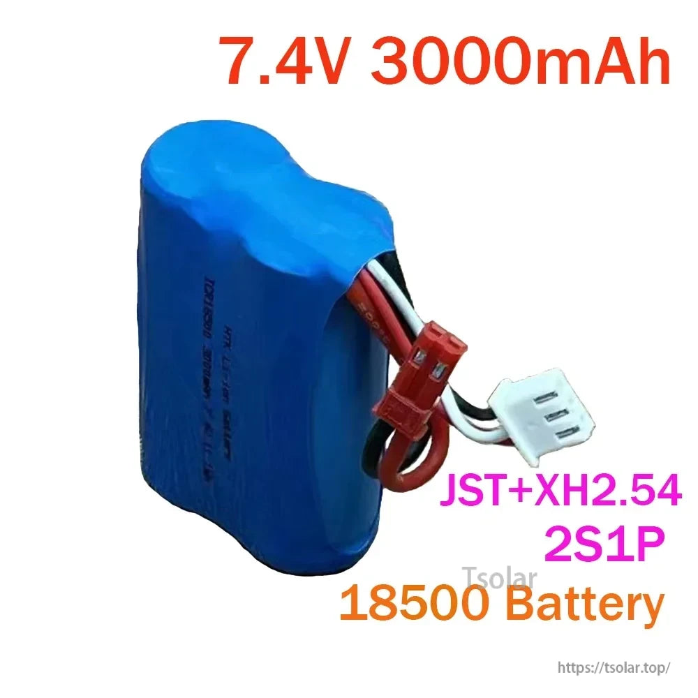 7.4V 3000mAh 2S1P 18500 Lipo Battery, 7.4V 3000mAh LiPo battery with JST and XH2.54 connectors, blue case, ideal for RC devices.