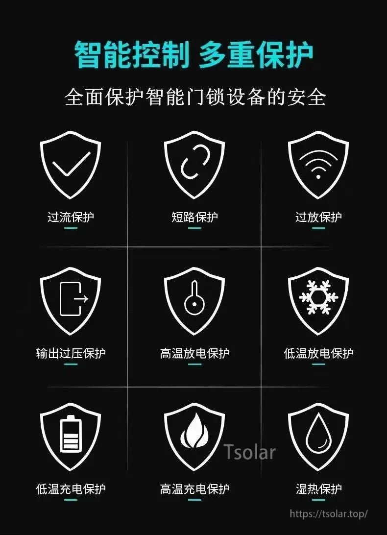 7.4V 3000mAh 2S1P 18500 Lipo Battery, Smart lock safety features include overcurrent, short circuit, over-discharge, overvoltage, temperature, and humidity protection for comprehensive device security.