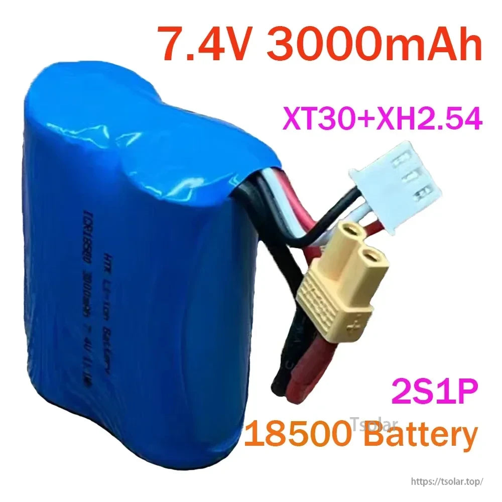 7.4V 3000mAh 2S1P 18500 Lipo Battery, 7.4V 3000mAh 18500 Li-ion battery, blue case, XT30 and XH2.54 connectors, labeled specs, 2S1P configuration.