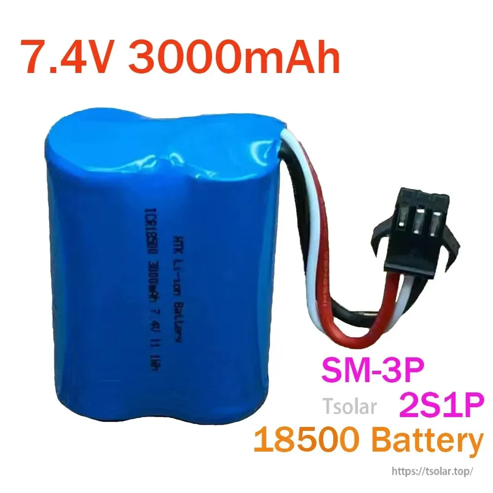 7.4V 3000mAh 2S1P 18500 Lipo Battery, 3000mAh 7.4V 2S1P 18500 Li-ion battery, blue casing, SM-3P connector, labeled with model and specifications. (16 words)