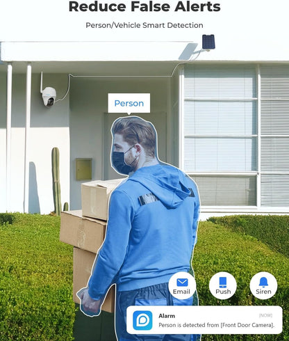 Instant smart detection alerts for people or vehicles via email and siren alarm.