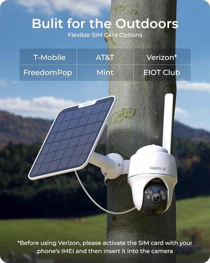 Reolink Go PT Ultra 4G Solar Camera, Outdoor-ready camera with flexible SIM card options, compatible with multiple carriers including T-Mobile and AT&T.