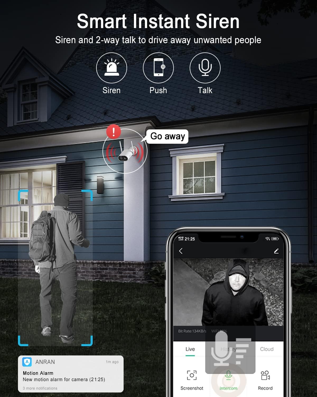ANRAN S1 Pro 2K 3MP Solar Camera, Smart Instant Siren and 2-way talk to drive away unwanted people . Motion Alarm New motion