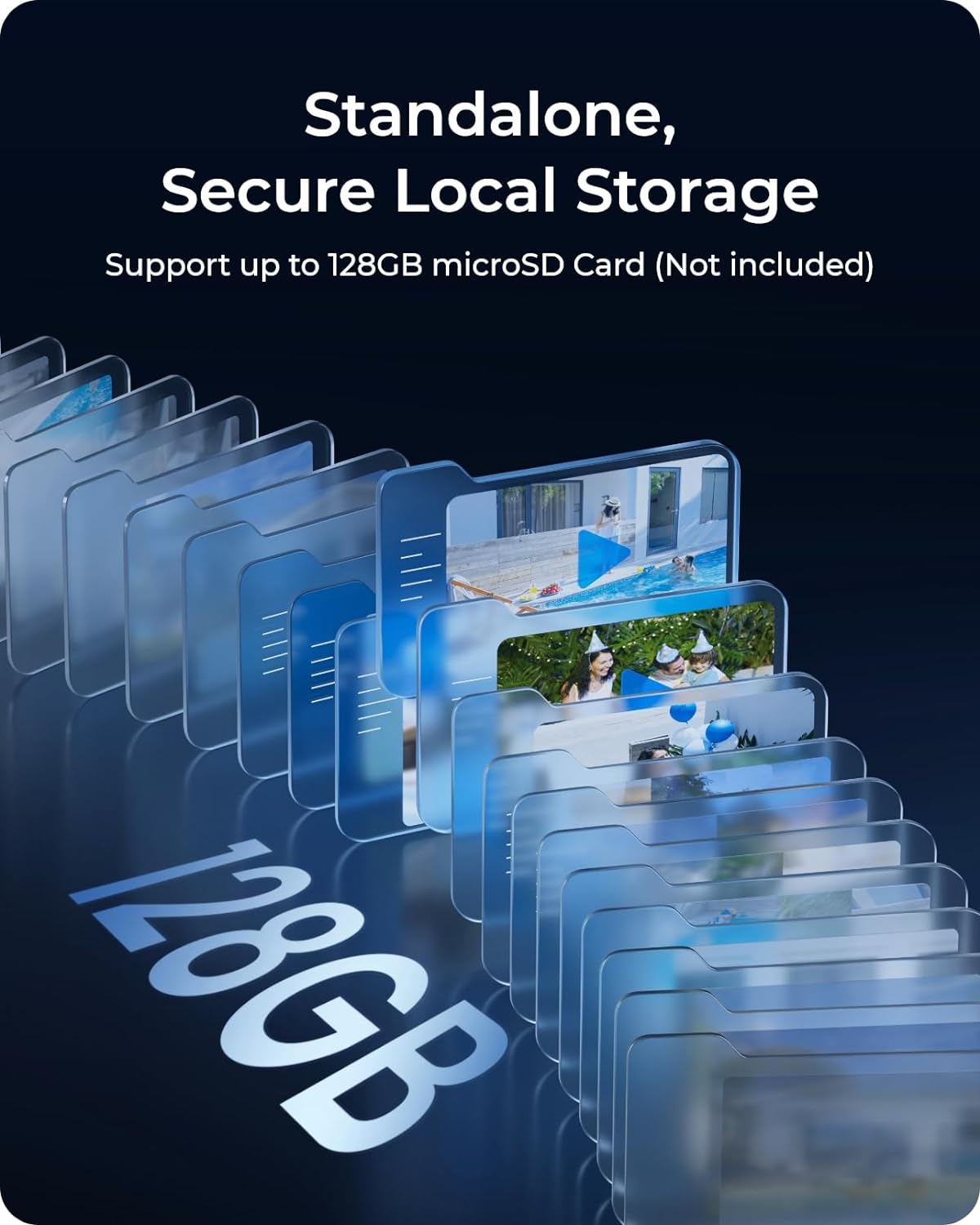 Secure, local storage for up to 128GB microSD cards.