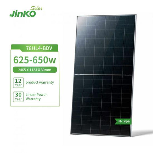 Jinko 650 Watt Solar Panel, Jinko solar panel offers 625-650 watts, measuring 2465x1134mm, with 30-year warranty and N-type design.