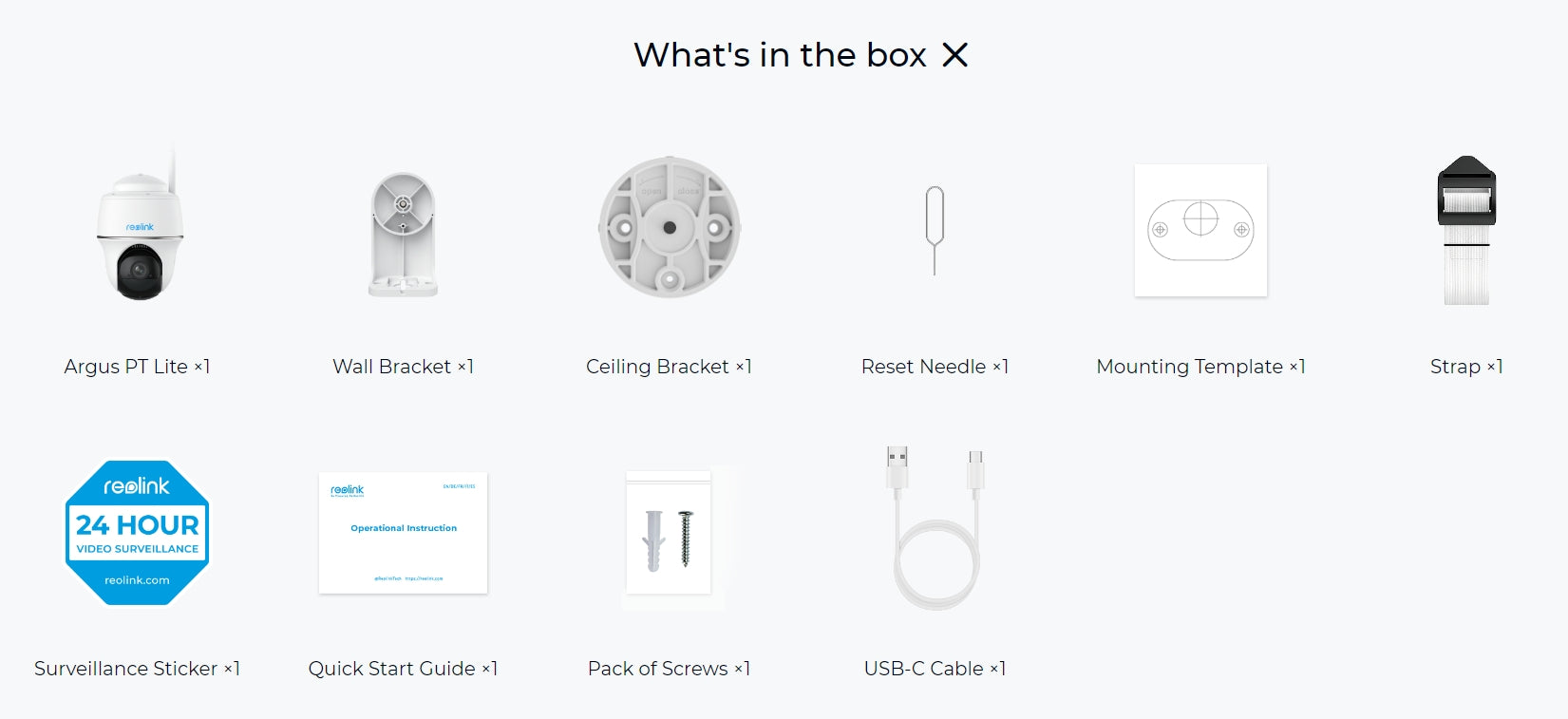 Reolink Argus PT Lite security camera bundle with various accessories.