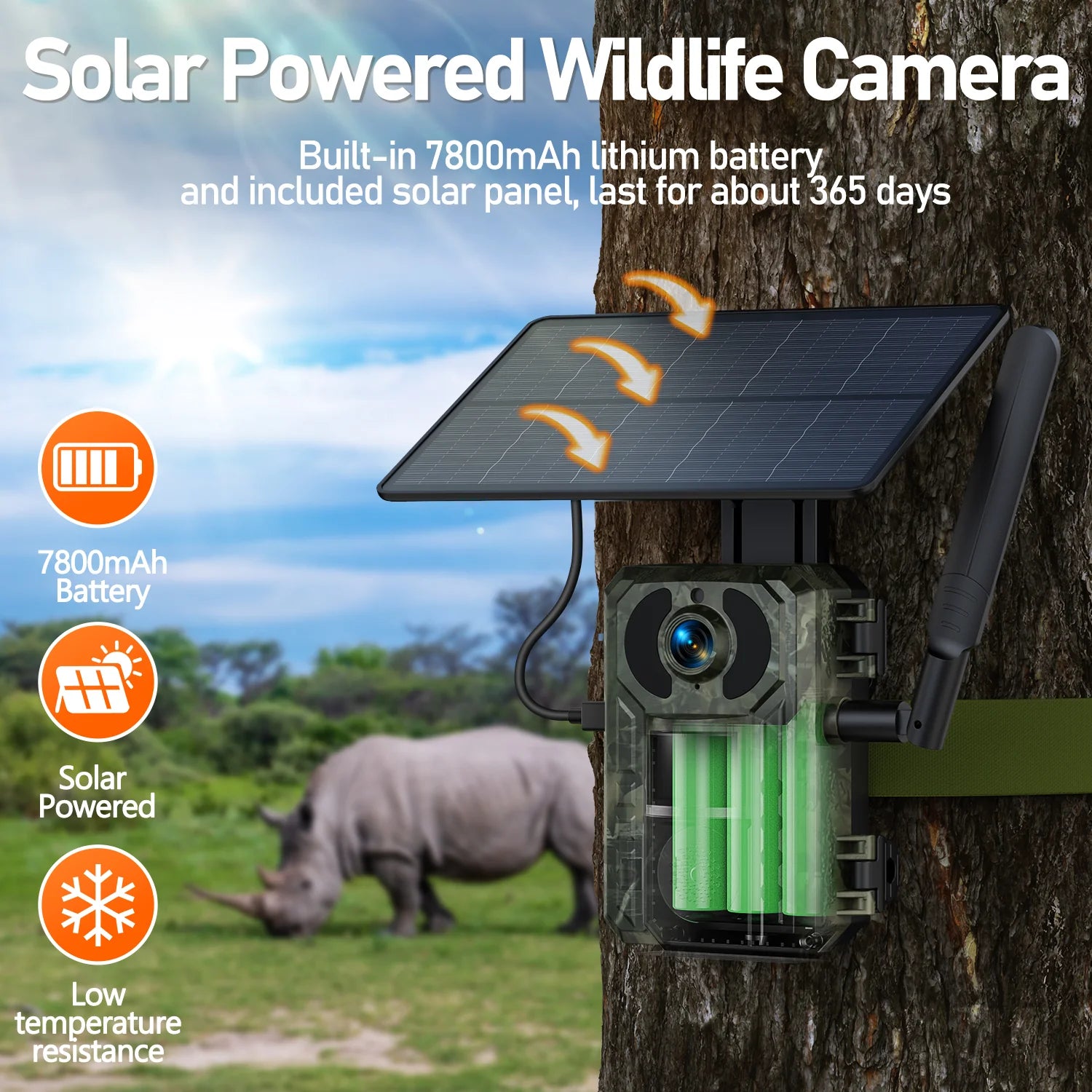 Solar-powered wildlife camera with long-lasting battery and low-temperature resistance.