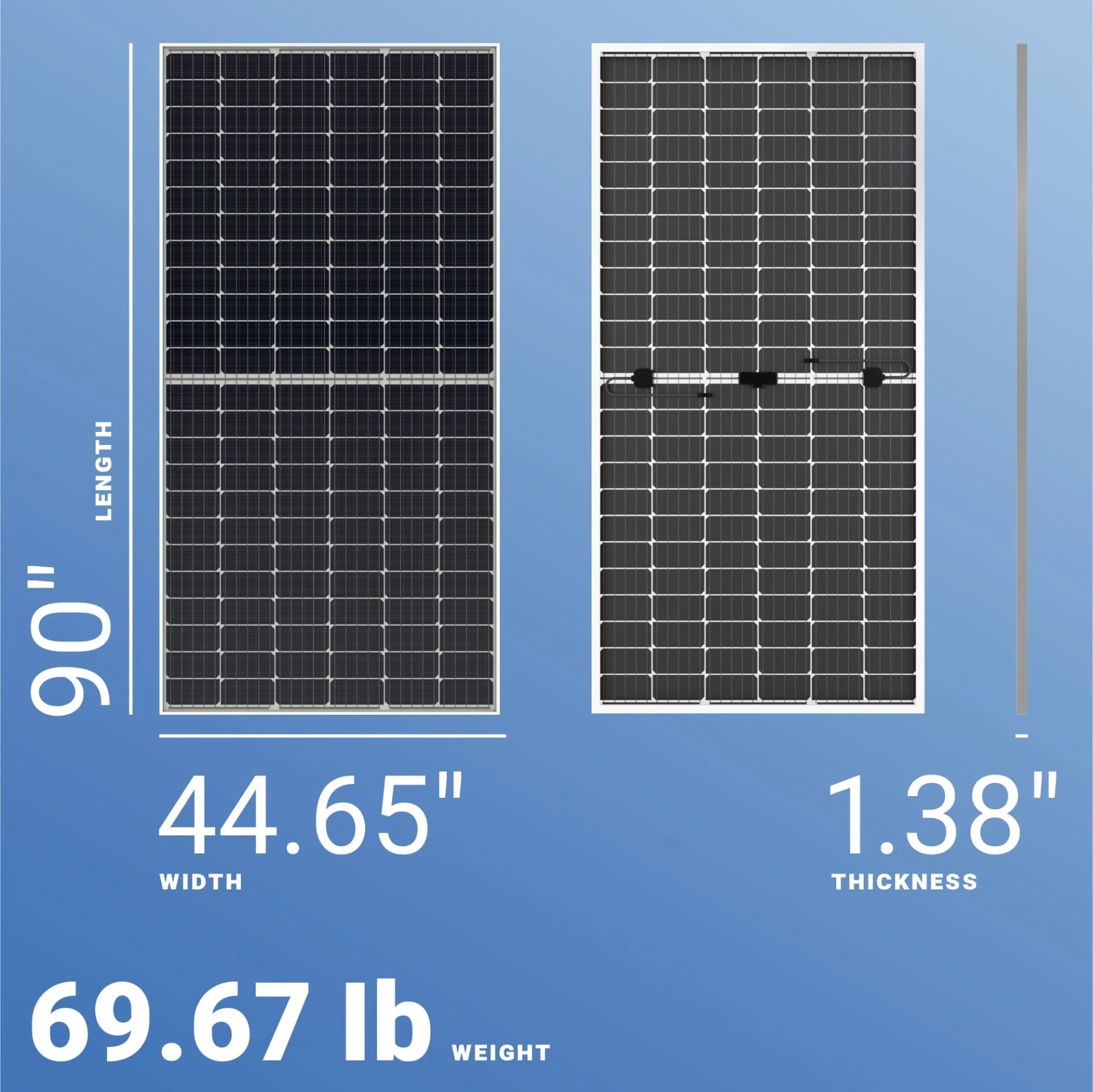 JA Solar 550W Solar Panel, Measures 44.65x1.38x0.69 inches, weighing 18.7 pounds.