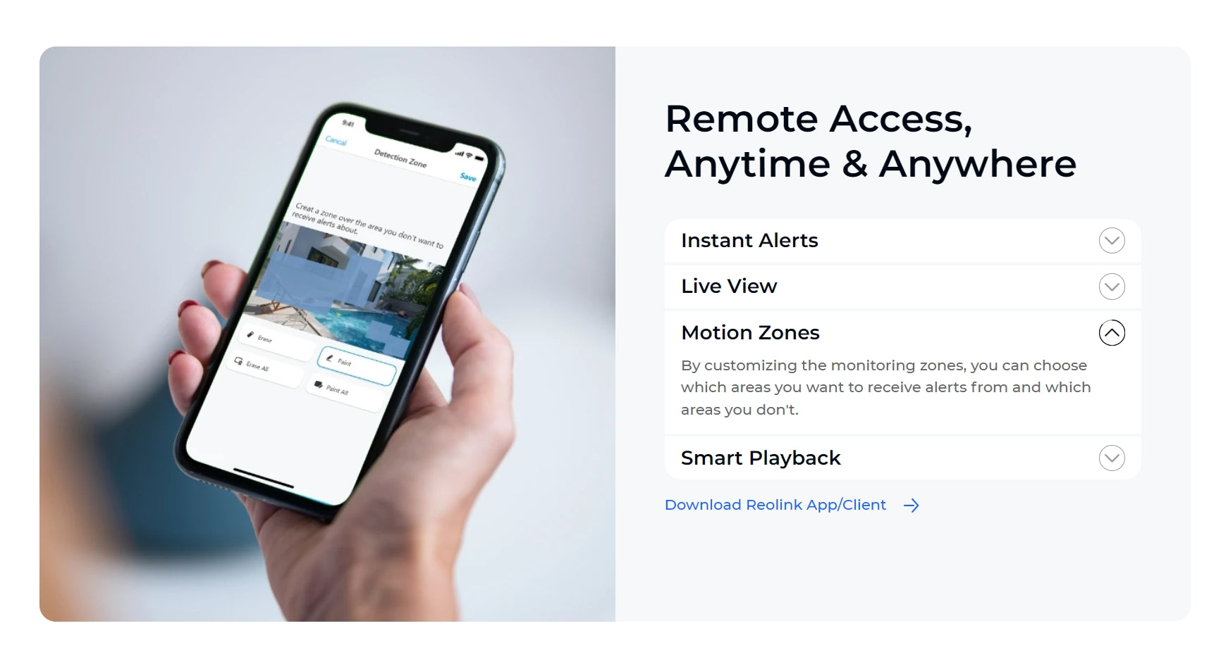 Remote access, motion alerts, and customizable monitoring with Reolink's app.