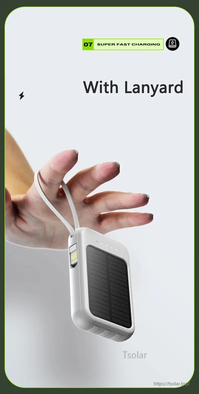 80000mAh Solar Power Bank, A portable power bank with solar charging and built-in cables suitable for iPhone, Xiaomi, and Samsung devices.