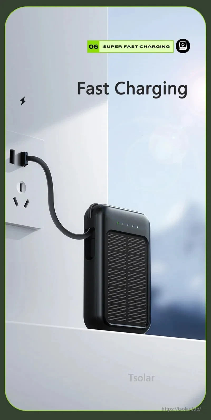 80000mAh Solar Power Bank, Lithium-polymer battery with solar charging assist, suitable for most USB-charged devices like iPhones, Xiaomi, Samsung and Bluetooth earbuds.