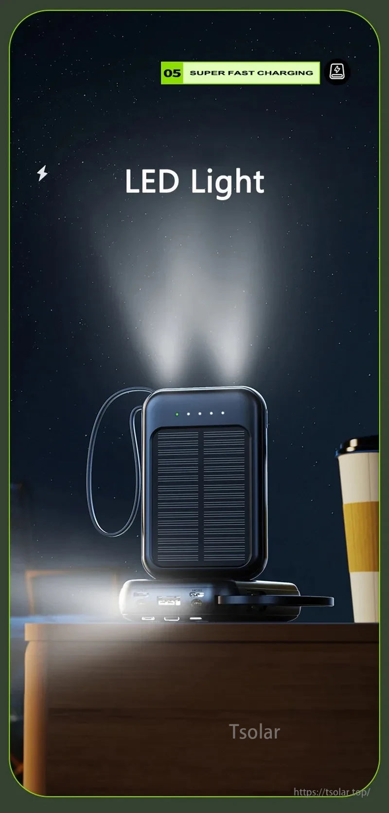 80000mAh Solar Power Bank, For fast charging, use a wall adapter through the input port.