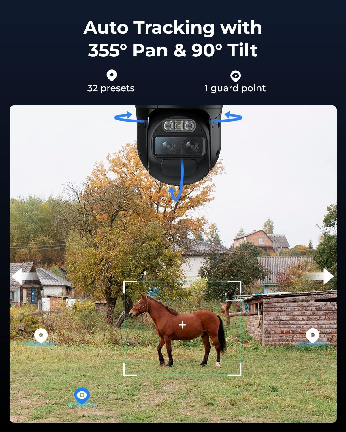 Reolink TrackMix LTE 4G Battery Camera, Pan-and-tilt camera tracker with 35.5° range and 32 preset positions.