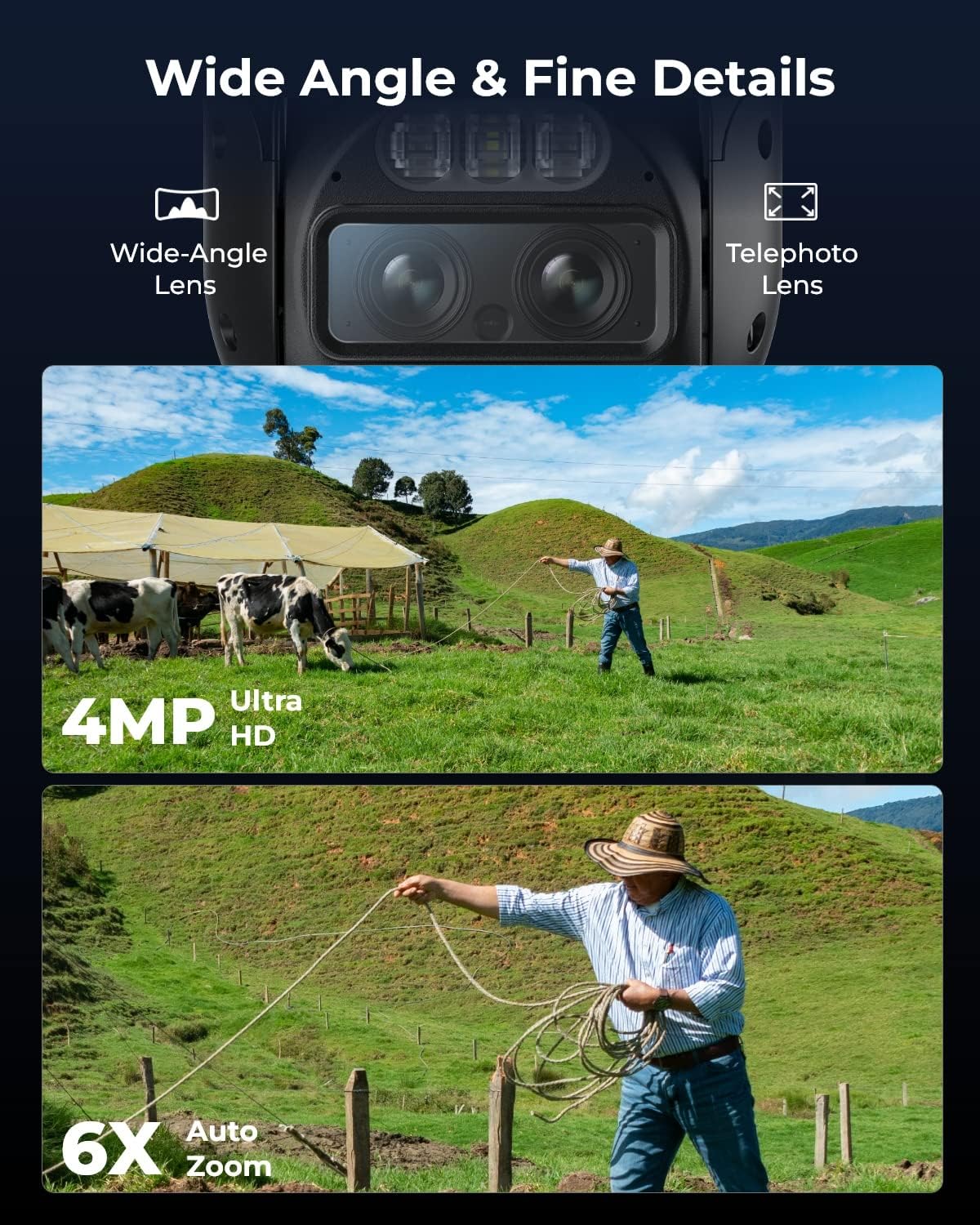 Reolink TrackMix LTE 4G Battery Camera, HD camera with wide-angle lens, 4MP resolution, and 6x zoom for sharp images.