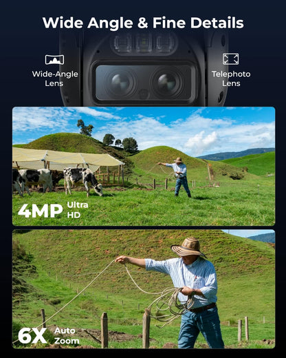 Reolink TrackMix LTE 4G Battery Camera, HD camera with wide-angle lens, 4MP resolution, and 6x zoom for sharp images.