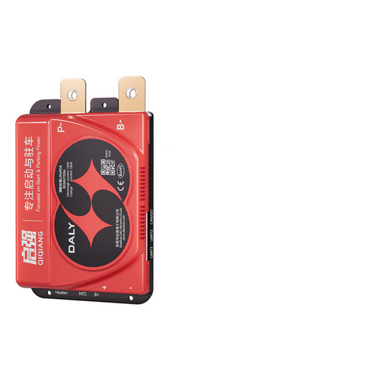 Daly Smart BMS red module with large terminal lugs and labeled ports (P-, B-, Heater, NTC, B+ )