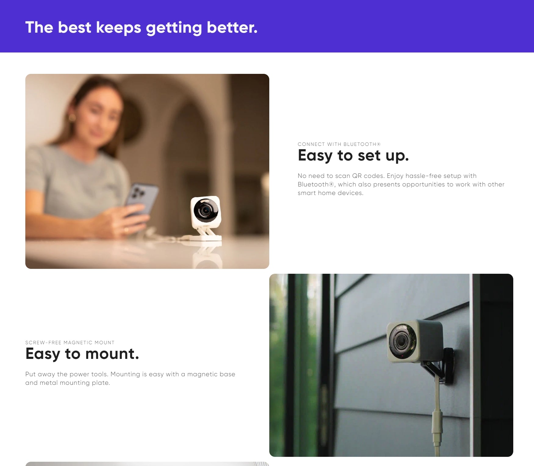 Wyze Cam v4, Seamless Bluetooth connection and screw-free mount for easy smart home device setup.