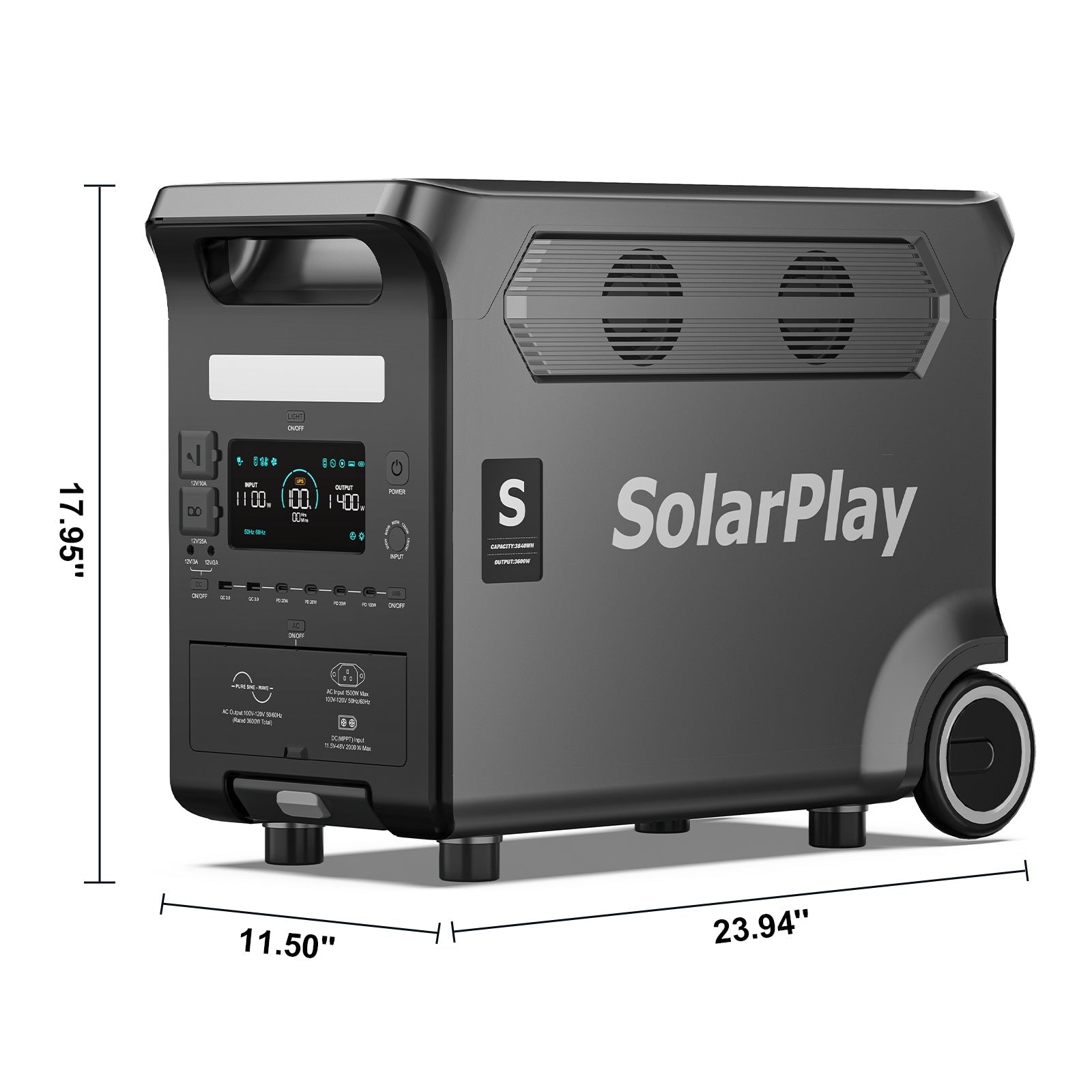 SolarPlay Q3600 Portable Power Station, SolarPlay Q3600: 3600W output, 3840Wh LiFePO4 battery, 2.5h fast charge, 2000W solar input, 15 ports, UPS ≤20ms, digital display, compact design.