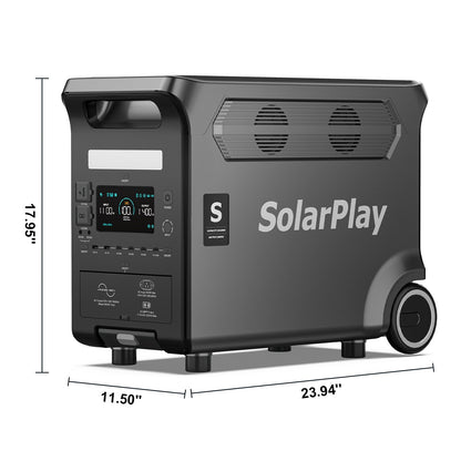 SolarPlay Q3600 Portable Power Station, SolarPlay Q3600: 3600W output, 3840Wh LiFePO4 battery, 2.5h fast charge, 2000W solar input, 15 ports, UPS ≤20ms, digital display, compact design.