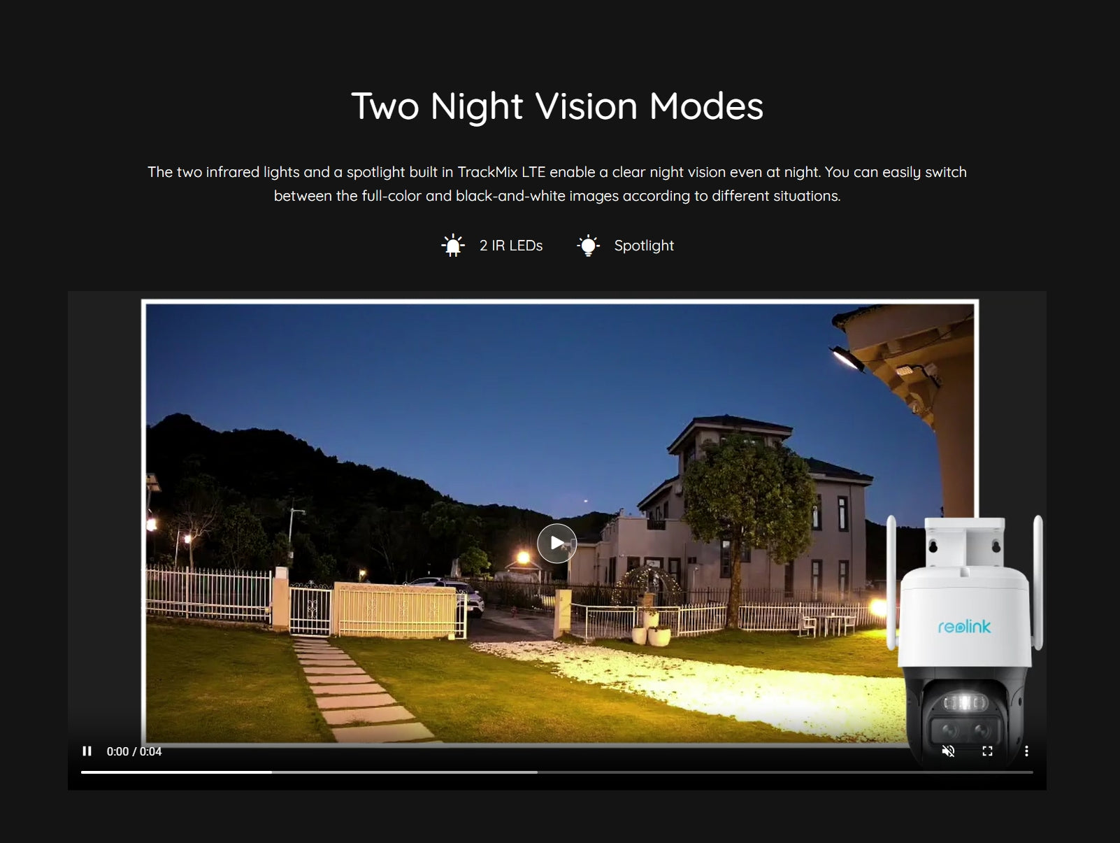 Reolink TrackMix LTE 4G Battery Camera, Enhance nighttime vision with infrared lights and spotlight, offering full-color or B&W modes.