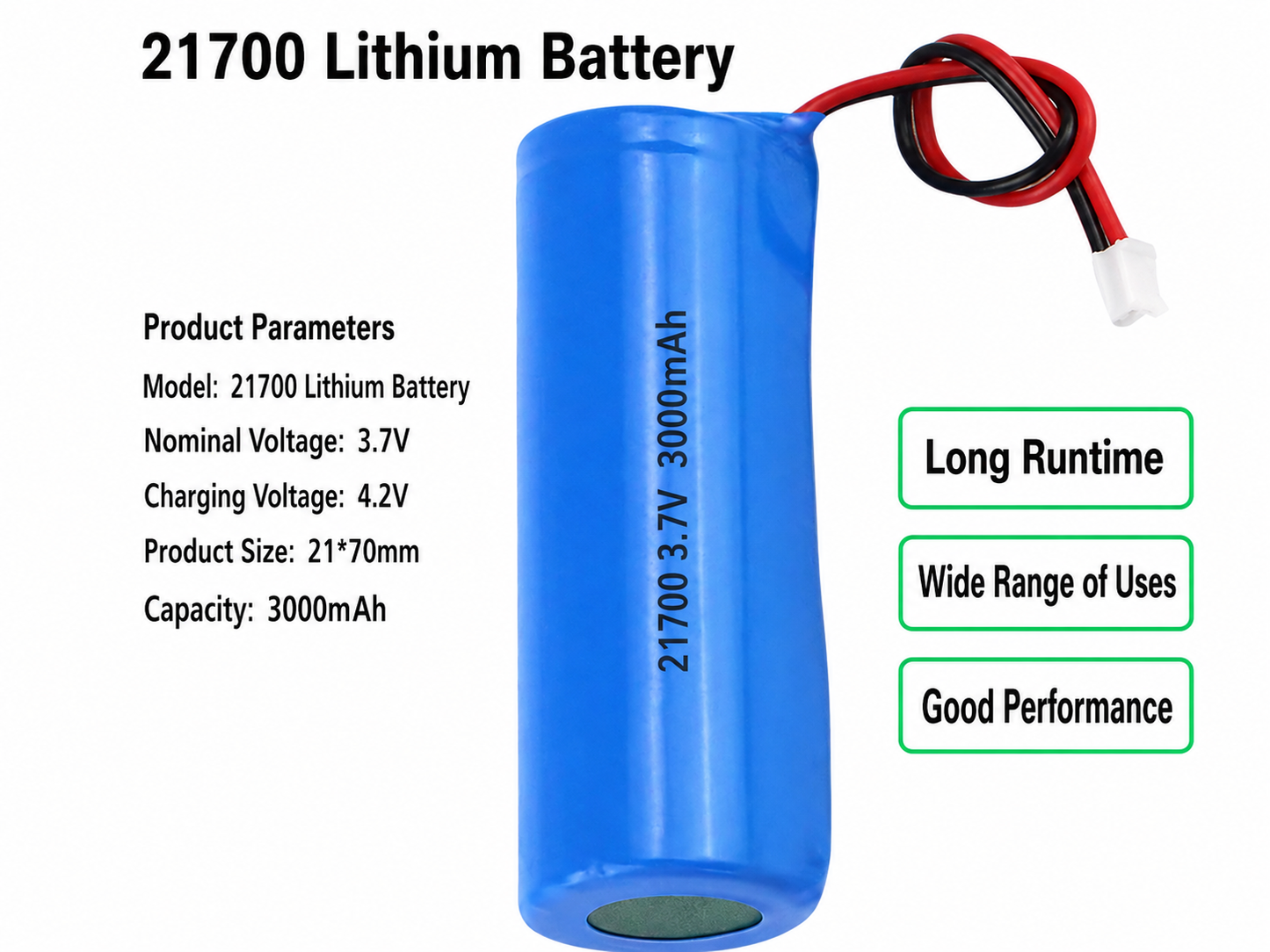 21700 3.7V 3000mAh Rechargeable Li-ion Battery with XH2.54 / XH2.0 Connector or Wire Leads