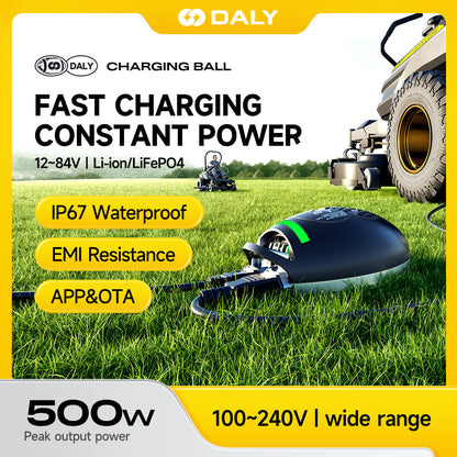 Daly 500W IP67 waterproof lithium battery charger charging ball on grass, fast constant power graphic