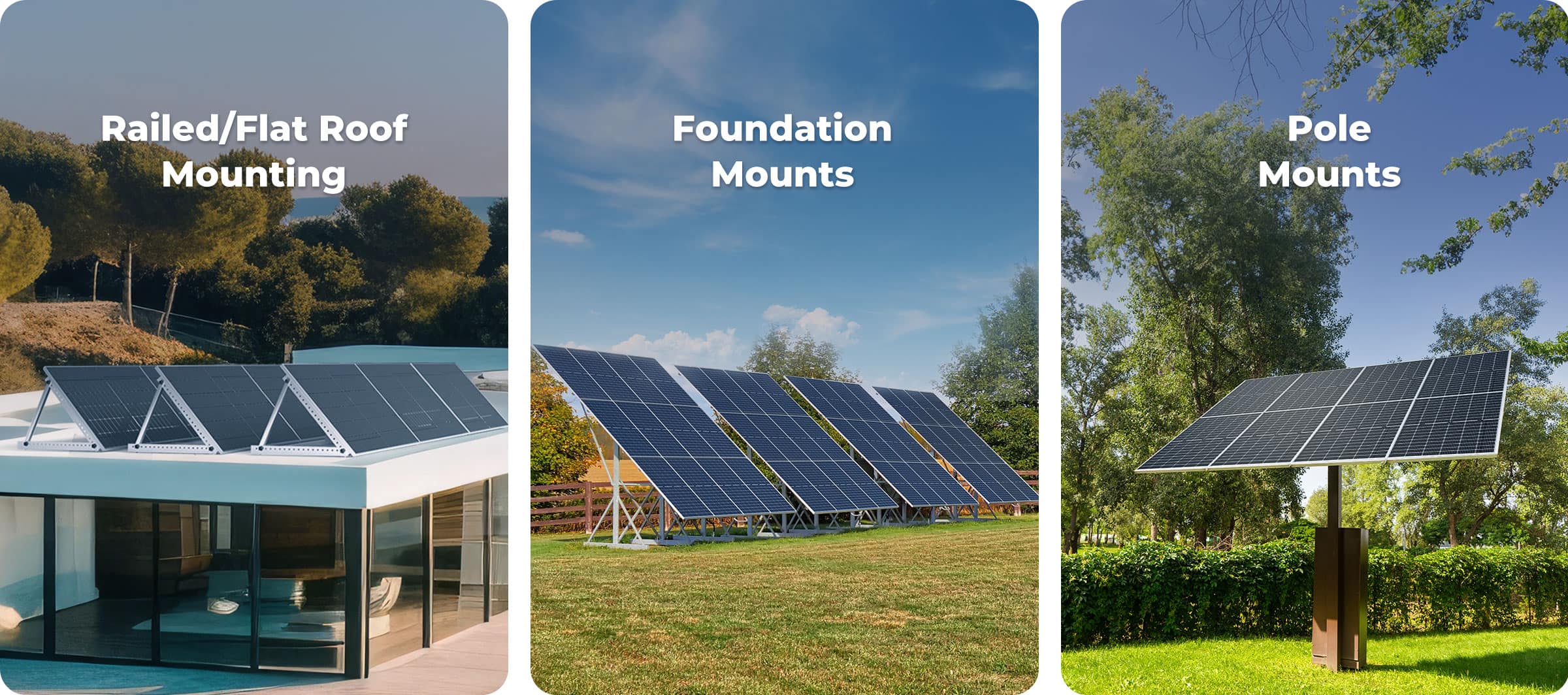 Renogy 550 Watt Solar Panel, Secure and adjustable installation with railed or flat roof foundation and pole mounting options.