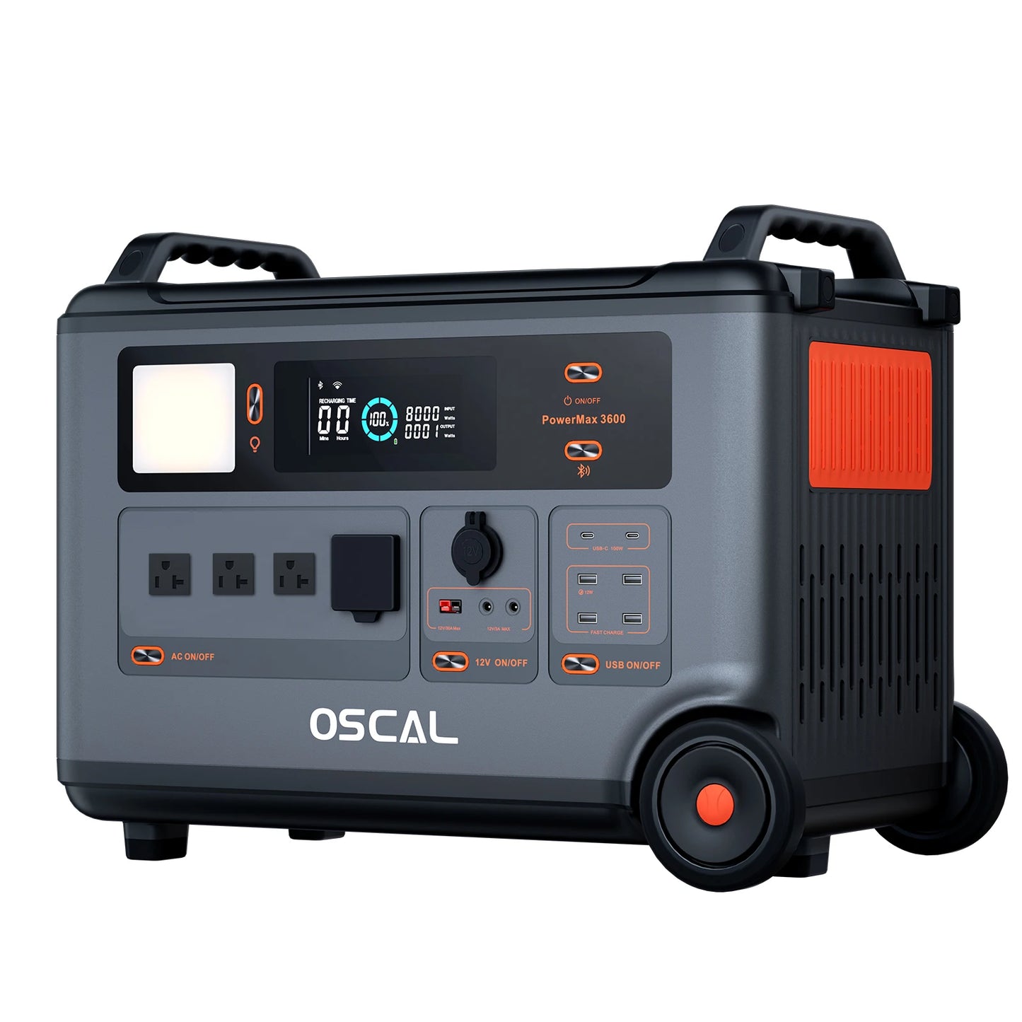 The Oscal PowerMax 3600 is a 3600W solar generator with 14 outlets, including AC, USB, and 12V ports, plus a digital display for monitoring power usage.