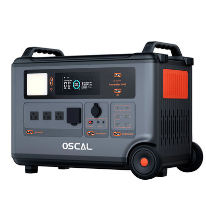 The Oscal PowerMax 3600 is a 3600W solar generator with 14 outlets, including AC, USB, and 12V ports, plus a digital display for monitoring power usage.