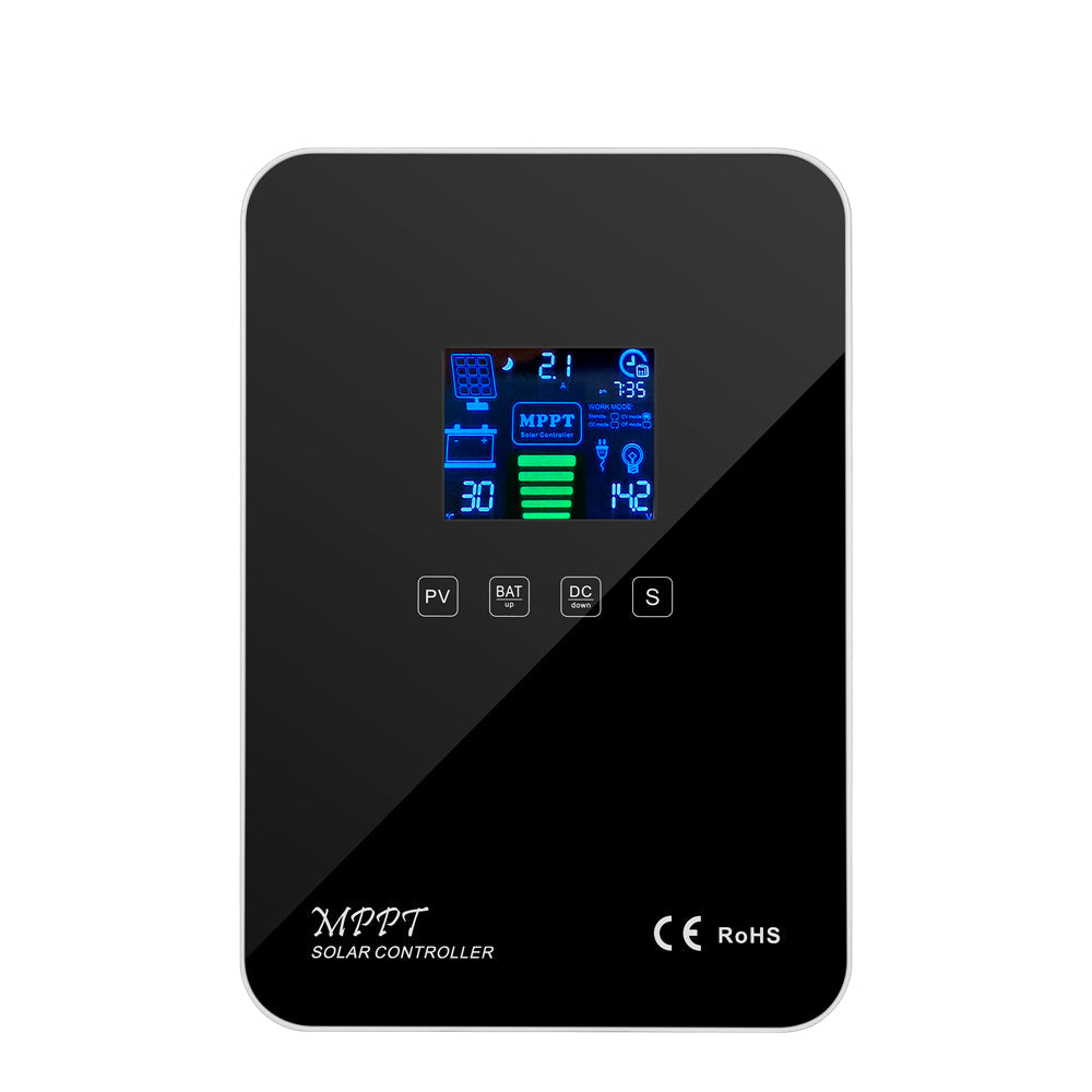 Black MPPT solar charge controller with blue LCD status display and PV, BAT, DC and S touch buttons