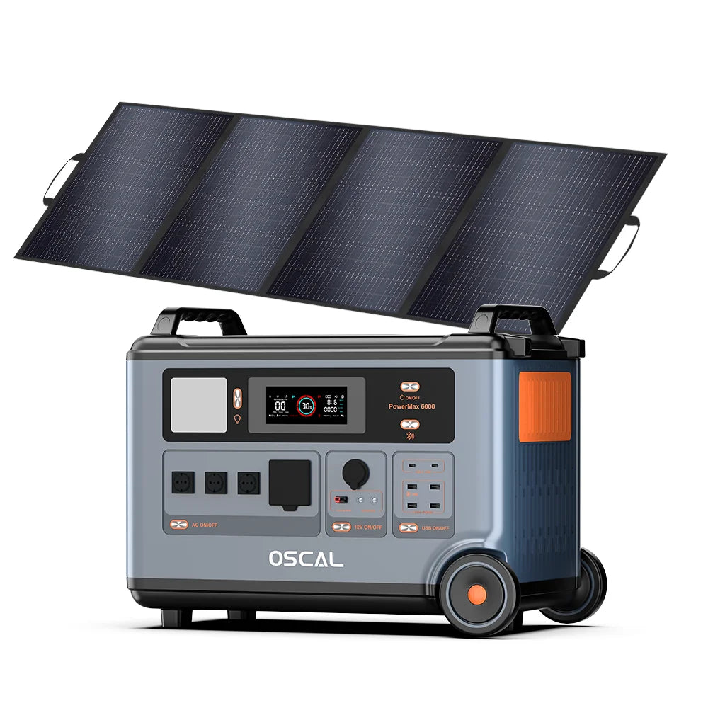 Portable 3600Wh LiFePO4 power station with 6000W output, dual 120V/240V outlets, USB, 12V ports, and 400W solar panel for versatile off-grid power.