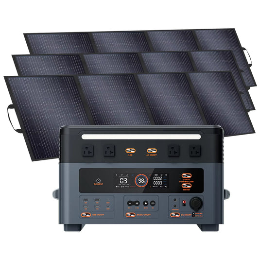 Solar generator: 1872Wh LiFePO4 battery, 2400W output, includes 3×200W panels, USB, AC, and DC ports for versatile power needs.