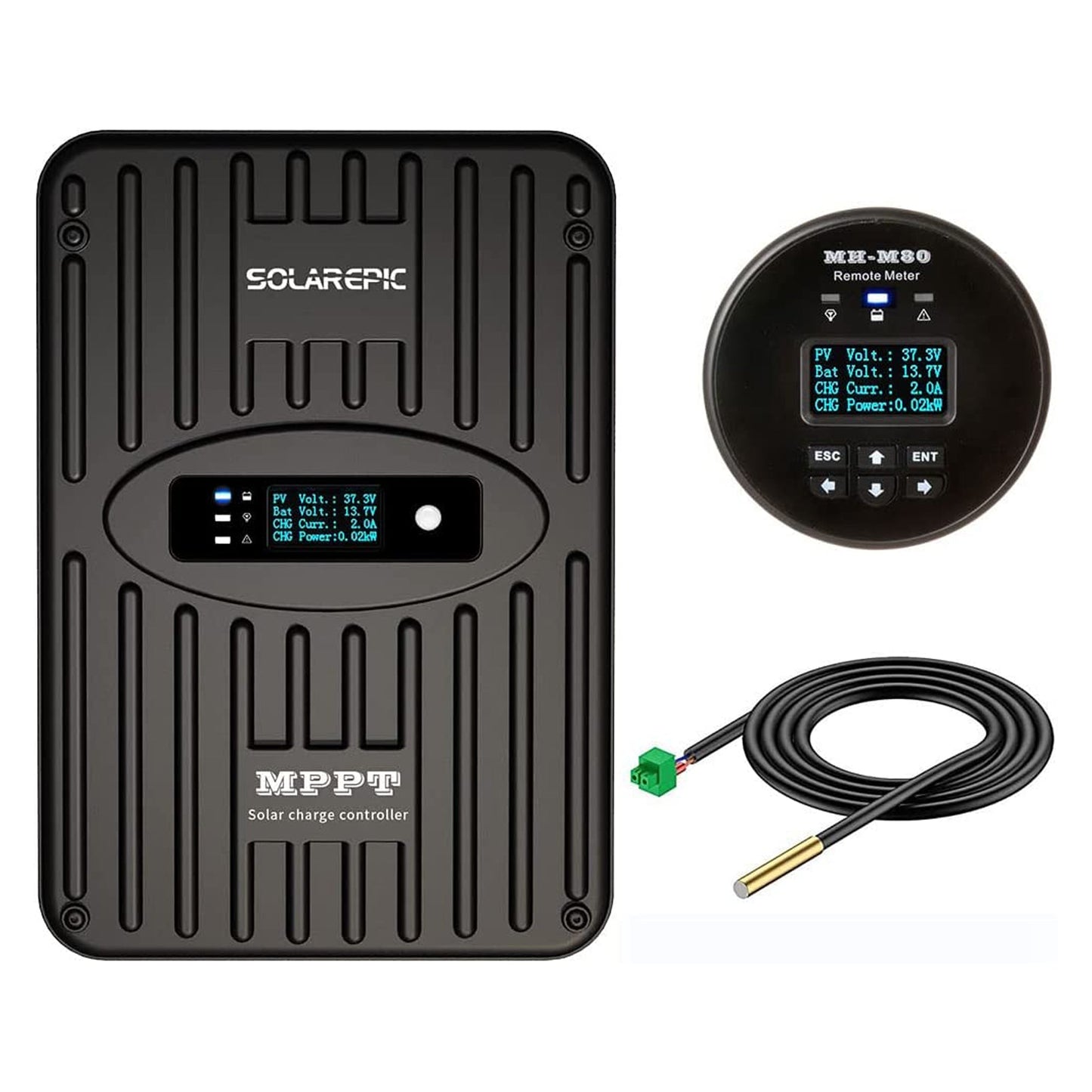 SolarEpic 60A MPPT Solar Charge Controller, SolarEpic MPPT solar charge controller with built-in LCD, plus MEH-M80 remote meter and wired sensor cable