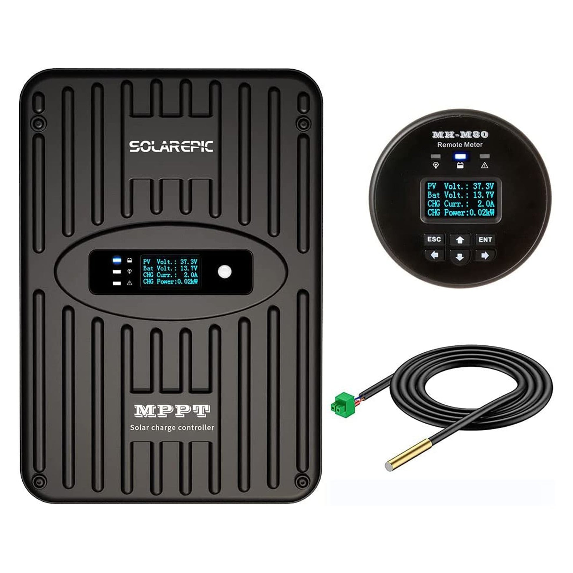 SolarEpic 60A MPPT Solar Charge Controller, SolarEpic MPPT solar charge controller with built-in LCD, plus MEH-M80 remote meter and wired sensor cable
