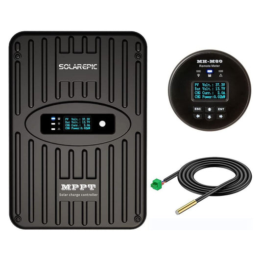 SolarEpic 60A MPPT Solar Charge Controller, SolarEpic MPPT solar charge controller with built-in LCD, plus MEH-M80 remote meter and wired sensor cable