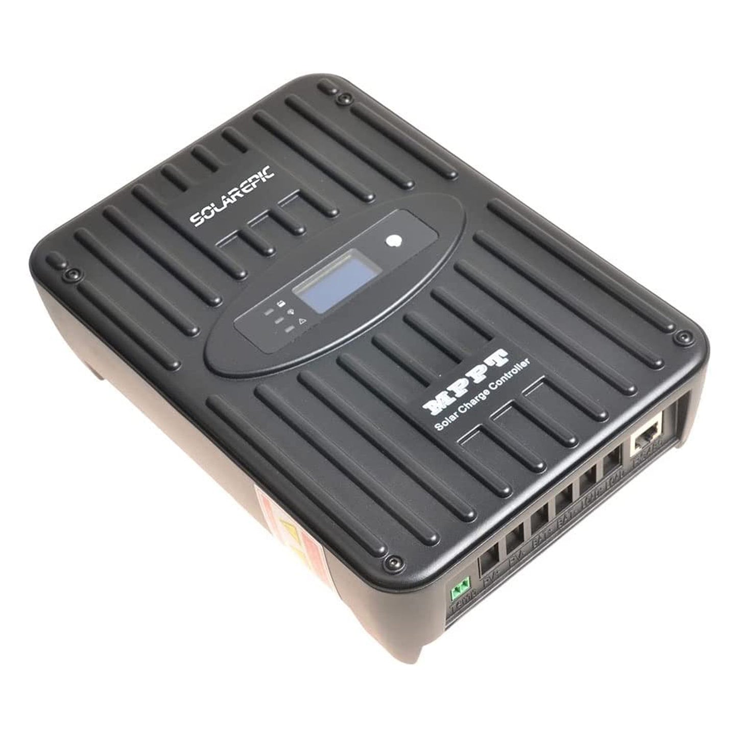 SolarEpic 60A MPPT Solar Charge Controller, SolarEpic MPPT solar charge controller with ribbed black case, built-in LCD screen, and side terminal ports