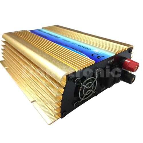 Gold finned grid tie inverter with cooling fan, fuse holder, and red/black DC input terminals
