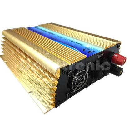 Gold finned grid tie inverter with cooling fan, fuse holder, and red/black DC input terminals